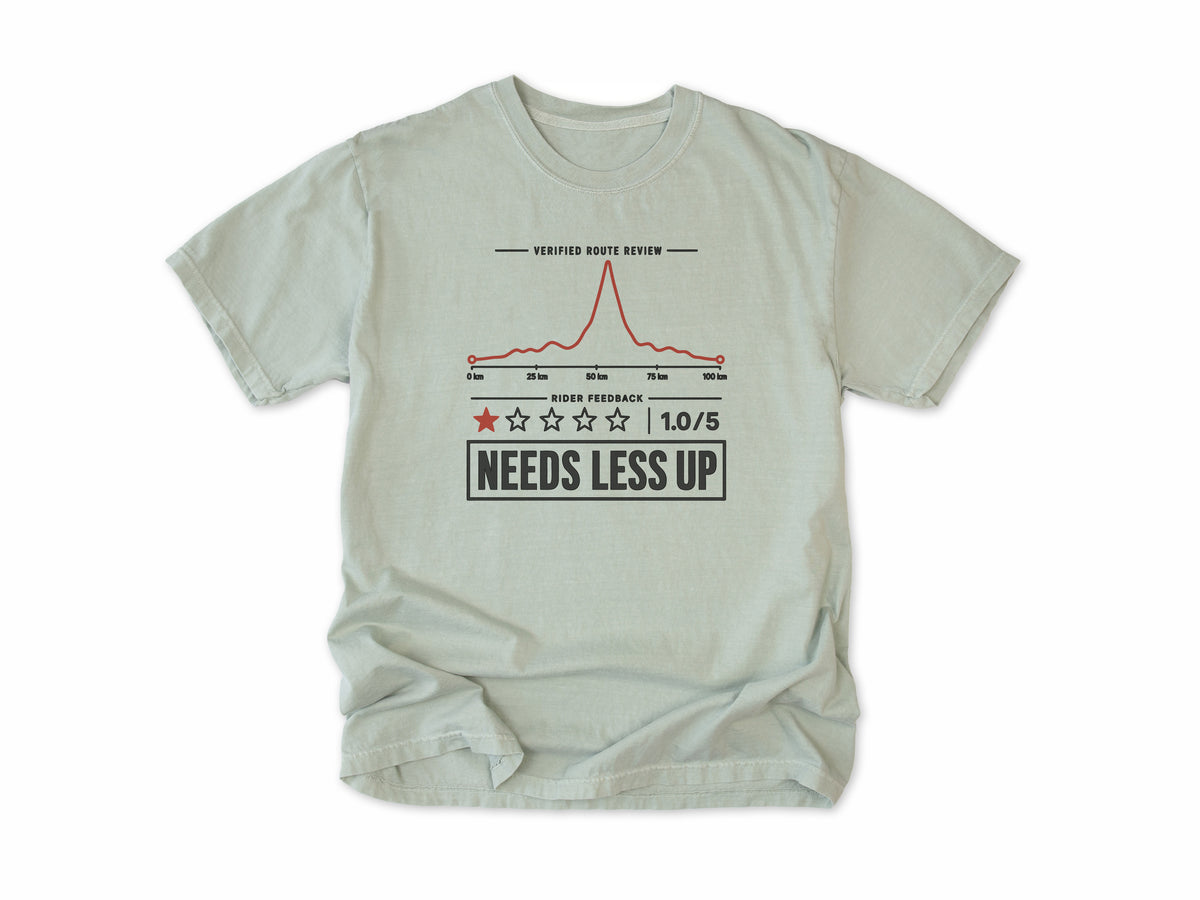 Funny cycling T-shirt in Bay, a one-star route review, 'Needs Less Up', for riders who prefer flat rides